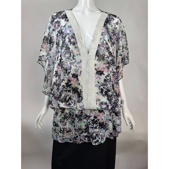Badgley Mischka Floral Beaded V-Neck Blouson Top Gathered size L 100% Polyester - Picture 15 of 16